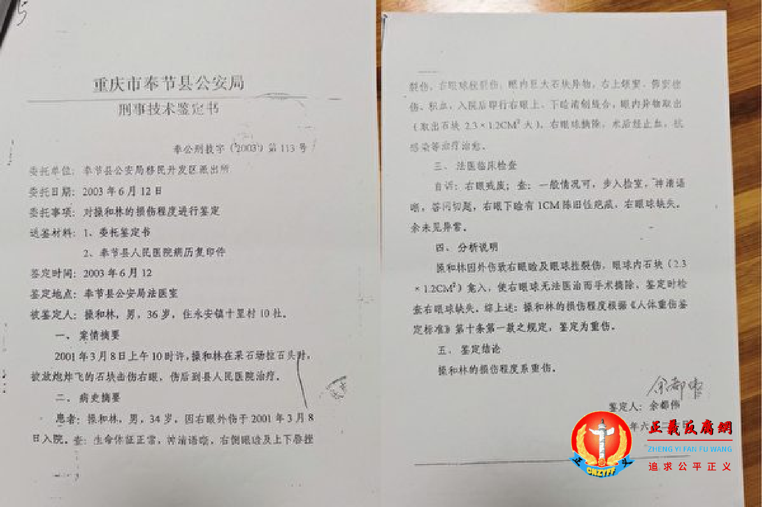 受害人操和林伤残鉴定书：2003年6月20日，重庆市奉节县公安局刑事技术鉴定书，奉公刑技字（2003）第113号，法医鉴定人：余都伟。.png
