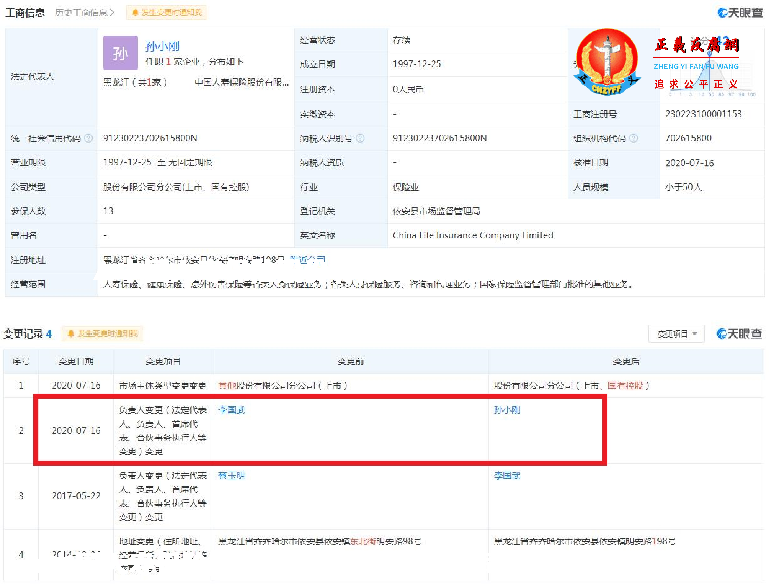 中国人寿保险股份有限公司依安支公司法定代表人变更记录、工商信息.png